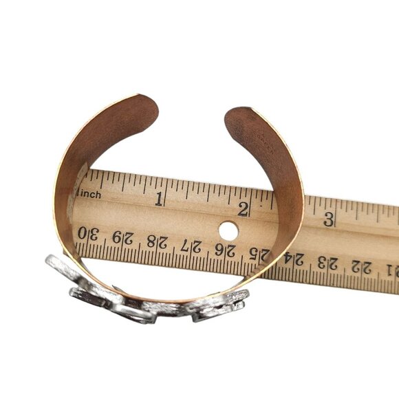 Copper Silver Tone Geometric Detail Wide Cuff Bangle Bracelet Vintage - Picture 6 of 7